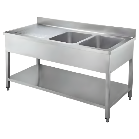 Omaj ,STD02-187R2, S/S Double Sink Right Unit With Backsplash - undershelf